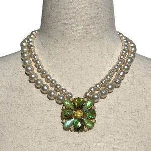 Double Pearl Chain with Flower Stone Pendant